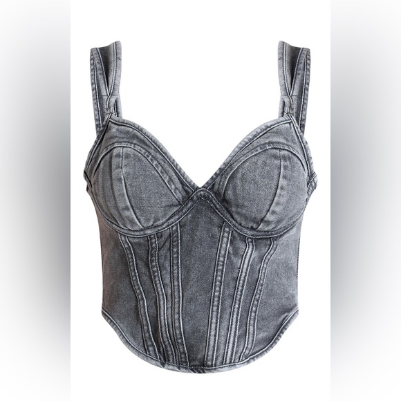 NWT PLT Washed Grey Dip Hem Bust Cup Denim Corset Top size US6 Grunge V Neck Low - Picture 3 of 8